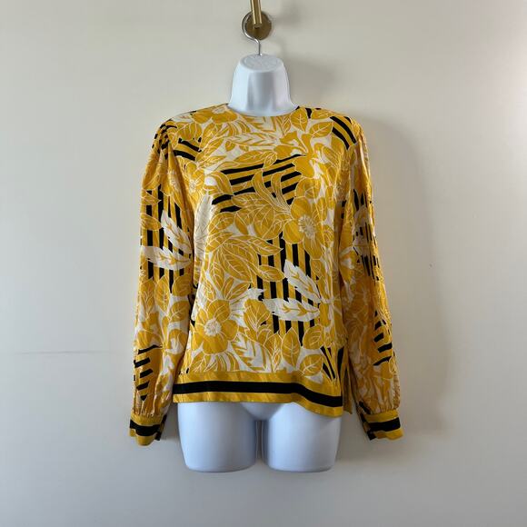 Vintage Julie Frances Yellow Abstract Silk Midi Skirt Long Sleeve Top Set Size 6 - Picture 6 of 16